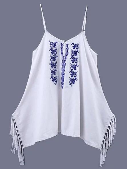 Shein White Embroidery Fringe Side Spaghetti Strap Blouse