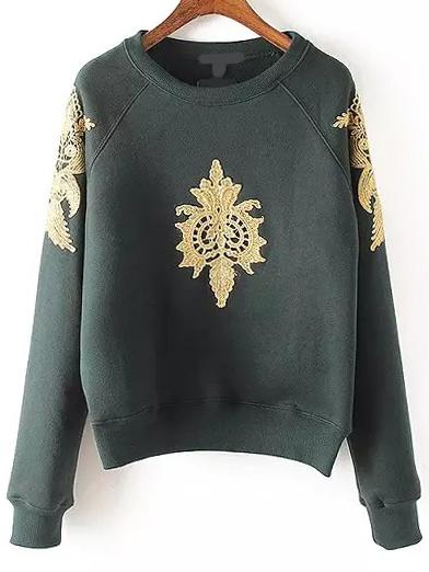 Shein Green Crew Neck Embroidered Crop Sweatshirt