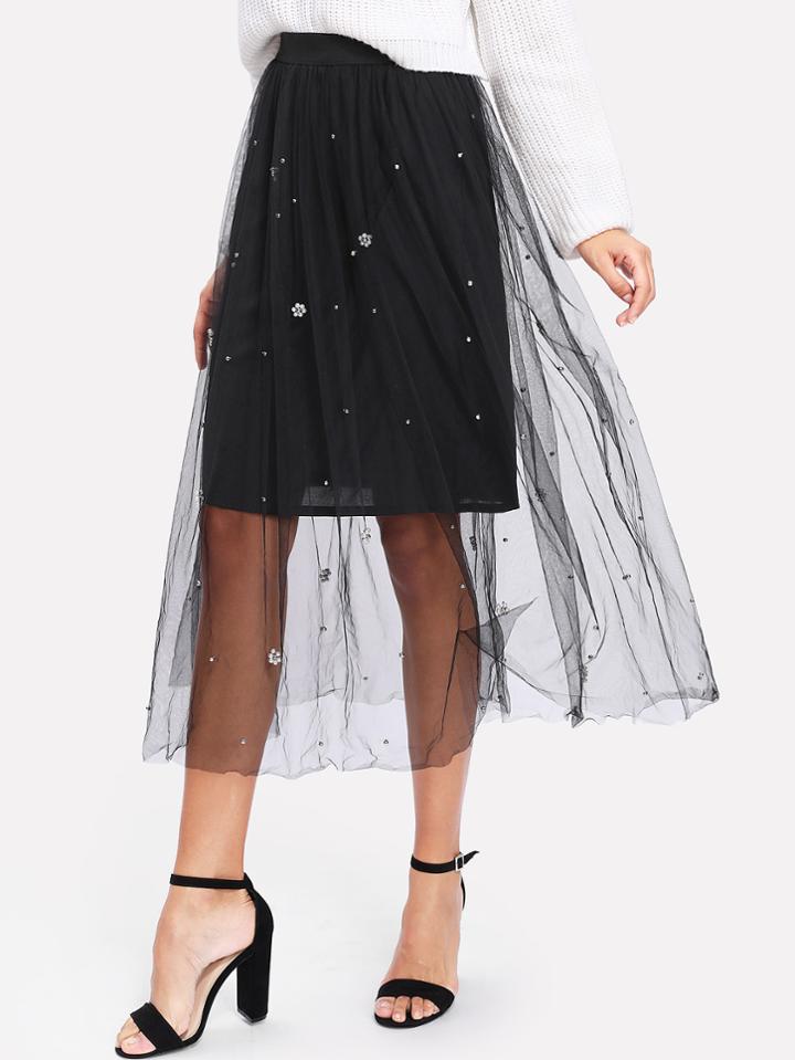 Shein Pearl Detail Tulle Overlay Skirt