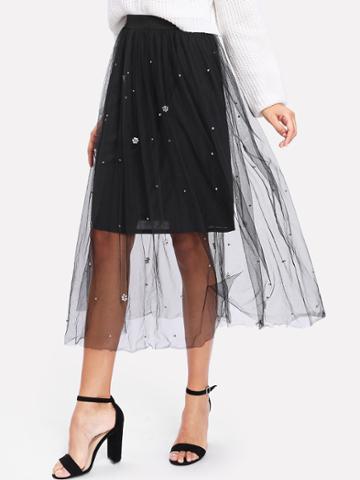 Shein Pearl Detail Tulle Overlay Skirt