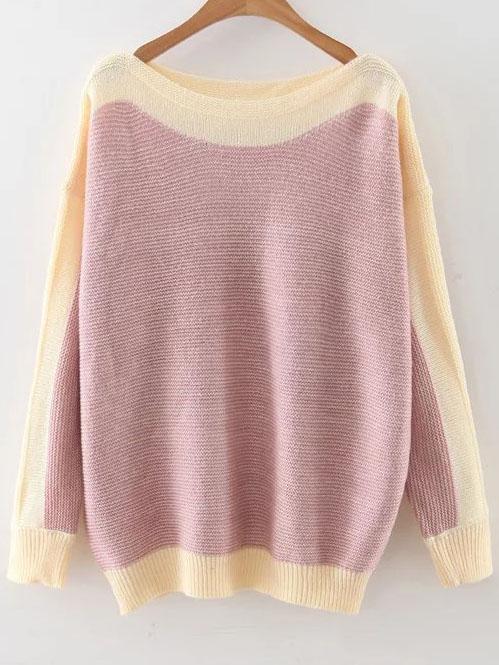 Shein Pink Color Block Boat Neck Drop Shoulder Knitwear
