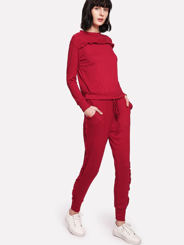Shein Ruffle Sweatshirt And Drawstring Pants