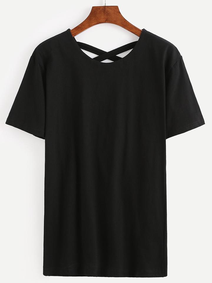 Shein Lattice Back T-shirt - Black