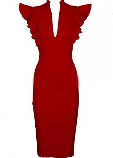 Rosewe Catching High Waist Red Dress With Frill Sleeve