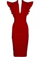 Rosewe Catching High Waist Red Dress With Frill Sleeve