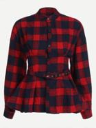 Shein Check Plaid Stand Collar Peplum Top With Belt