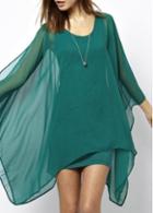 Rosewe Stylish Hollow Design Round Neck High Low Dress Green