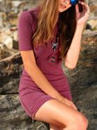 Shein Purplish Red Mock Neck Contrast Zipper Ribbed Dress