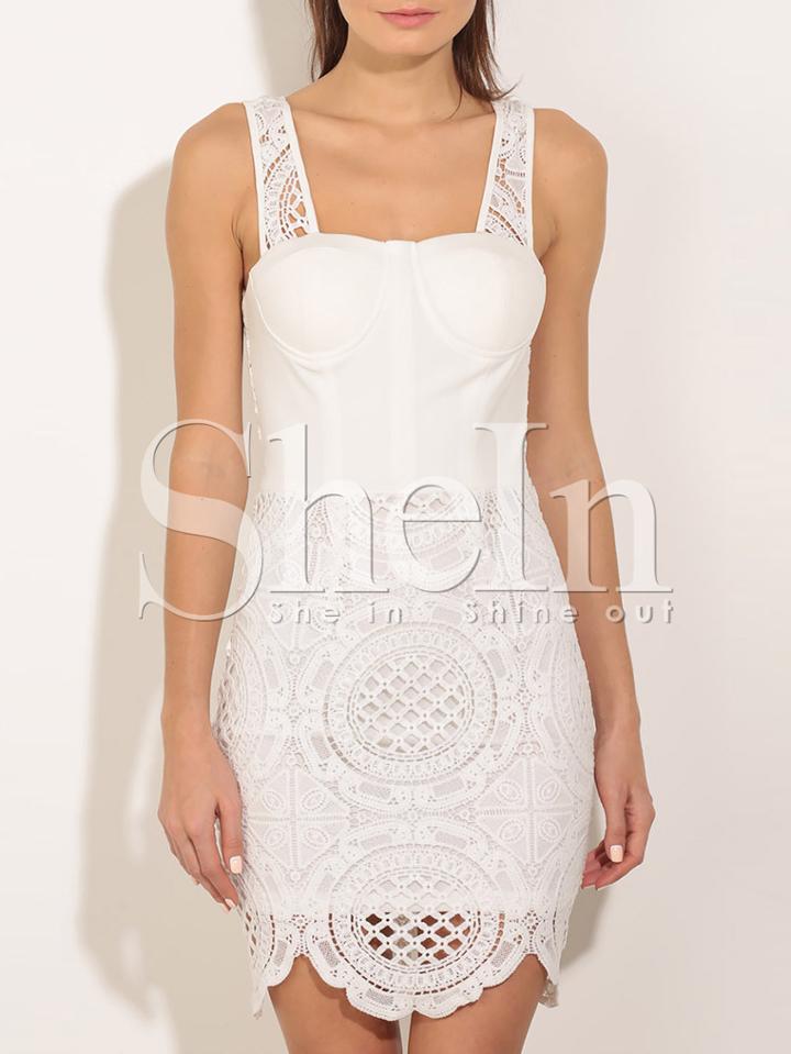 Shein Beige Square Neck Cut-work Scallop Hem Strap Dress