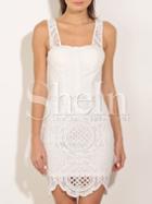 Shein Beige Square Neck Cut-work Scallop Hem Strap Dress
