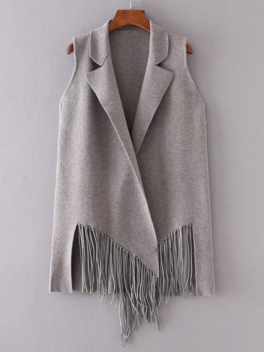 Shein Grey Open Front Fringe Sleeveless Cardigan