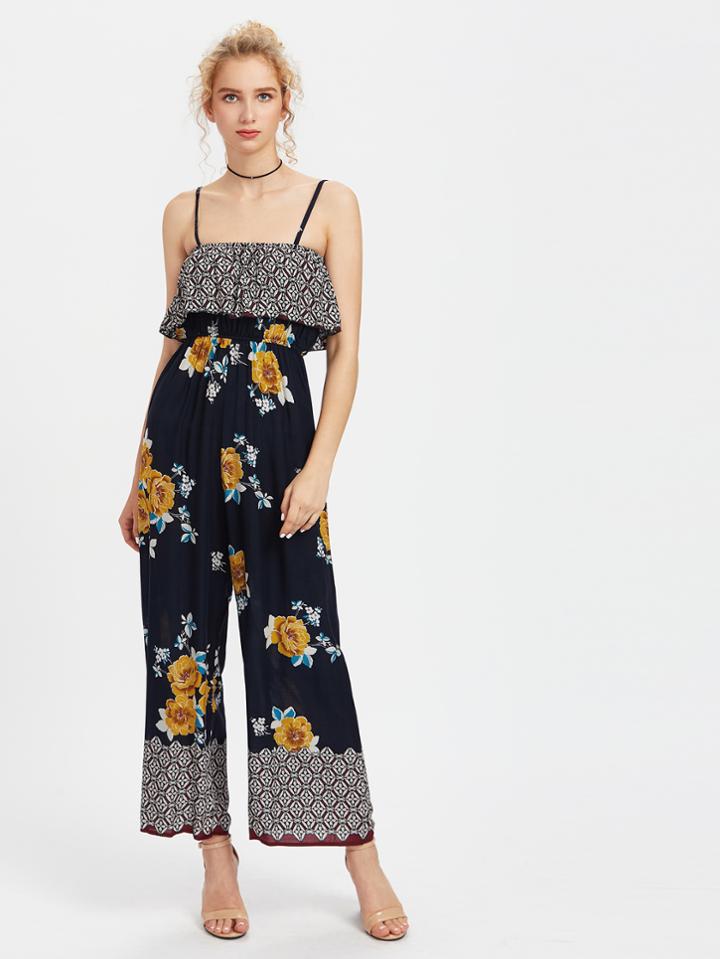 Shein Florals Frill Layered Wide Leg Cami Jumpsuit