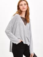 Shein Grey Marled Lace V Neck Drop Shoulder High Low T-shirt
