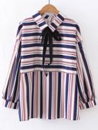 Shein Striped Lantern Sleeve Blouse With Bow Tie
