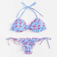 Shein Flamingo Print Lettuce Trim Bikini Set
