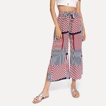 Shein Knot Detail Striped Split Wide Leg Pants