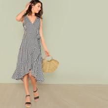 Shein Tie Waist Asymmetrical Ruffle Hem Wrap Gingham Dress