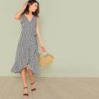 Shein Tie Waist Asymmetrical Ruffle Hem Wrap Gingham Dress