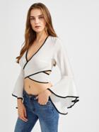 Shein Contrast Trim Flare Sleeve Crisscross Tie Back Top
