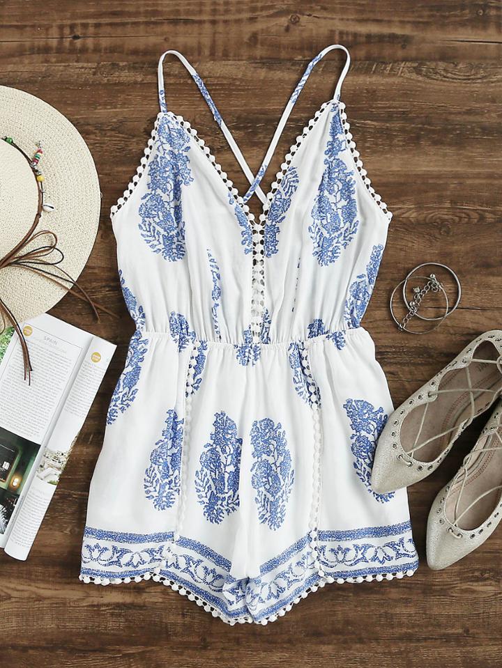 Shein Leaf Print Criss Cross Back Pom Pom Romper