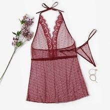 Shein Plus Scalloped Trim Eyelash Lace Dress With Thong