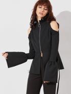 Shein Black Ruffle Collar Cold Shoulder Bell Cuff Zip Up Peplum Jacket