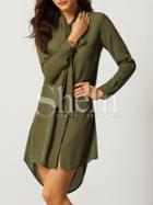 Shein Army Green Tie Neck Dip Hem Shirt Dress