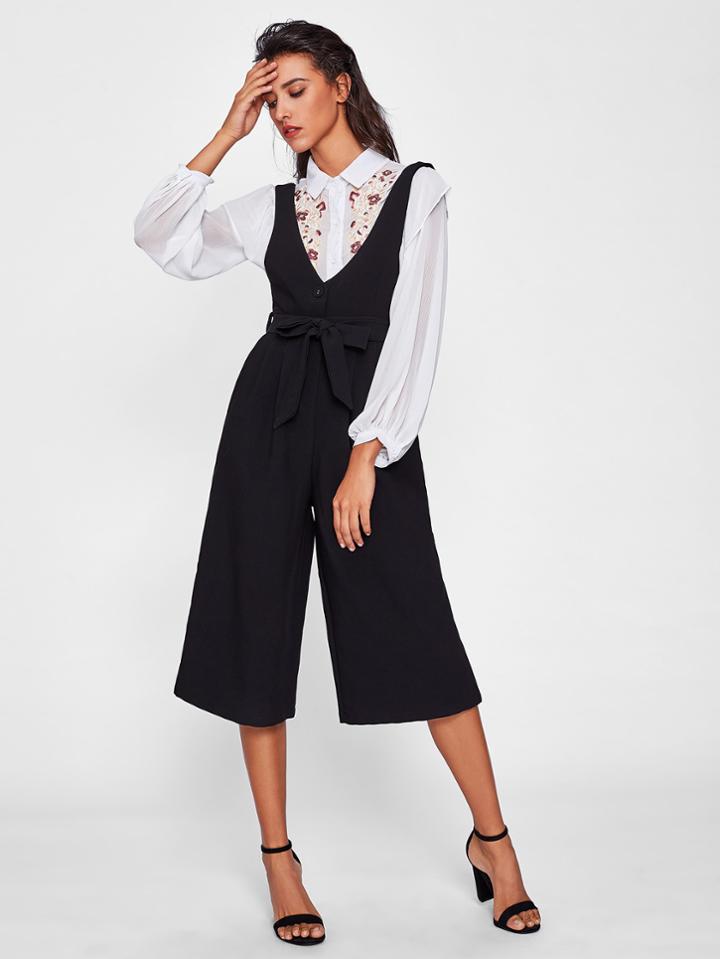 Shein Button Front Tie Waist Wide Leg Jumpsuit