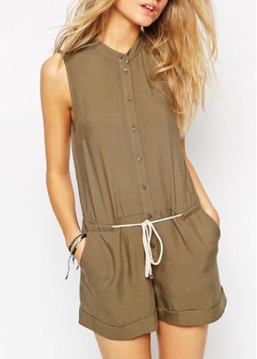 Rosewe Drawstring Waist Button Embellished Sleeveless Romper