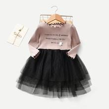 Shein Toddler Girls Letter Print Frill & Contrast Mesh Detail Dress