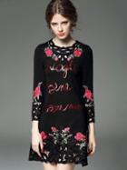 Shein Black Round Neck Long Sleeve Embroidered Sequined Dress