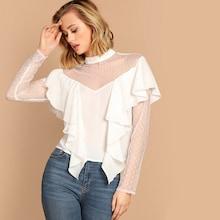 Shein Dot Mesh Shoulder And Sleeve Ruffle Top