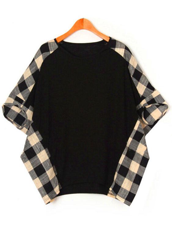 Shein Black Bat Sleeve Plaid Plus T-shirt