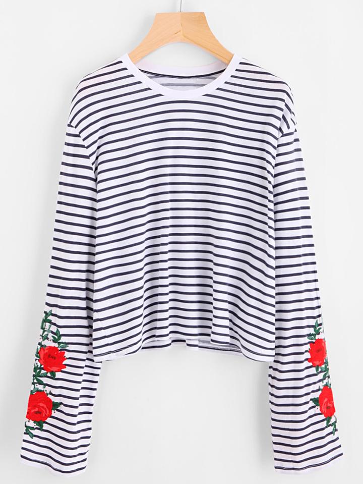 Shein Flower Embroidered Striped Tee