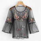 Shein Botanical Embroidered See Through Mesh Top