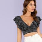 Shein Flounce Neck Crop Dot Blouse