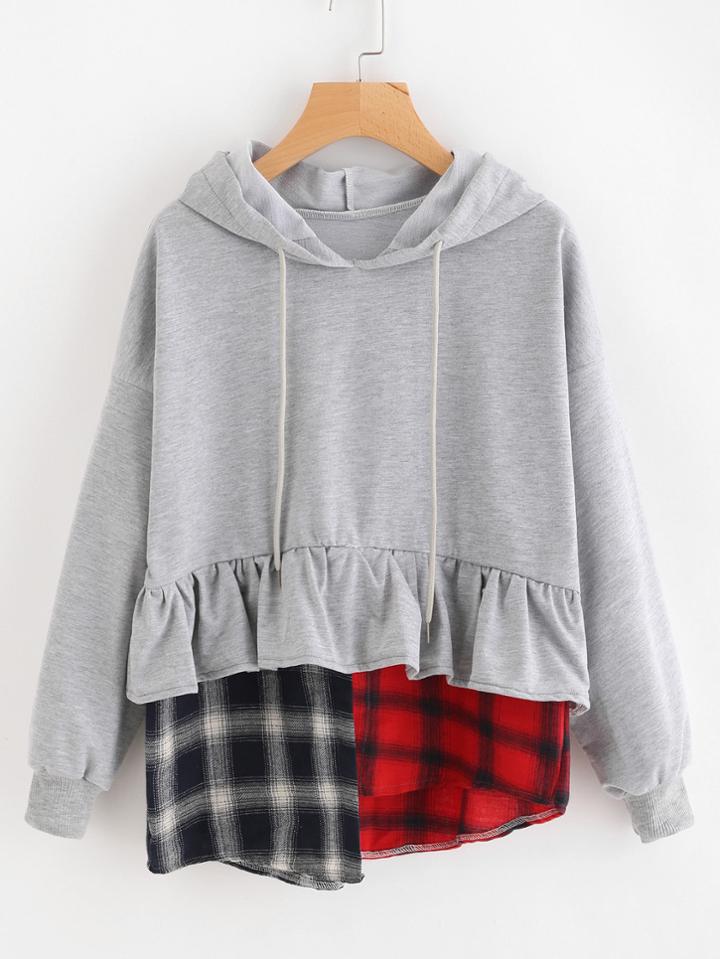 Shein Contrast Tartan Frill Hem 2 In 1 Marled Hoodie