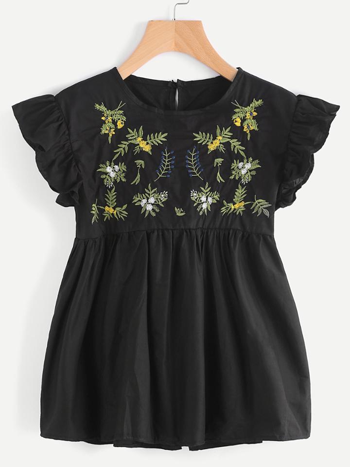 Shein Butterfly Sleeve Embroidered Keyhole Back Smock Blouse