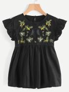 Shein Butterfly Sleeve Embroidered Keyhole Back Smock Blouse