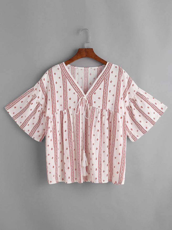 Shein Aztec Print Tassel Tie Front Trumpet Sleeve Top