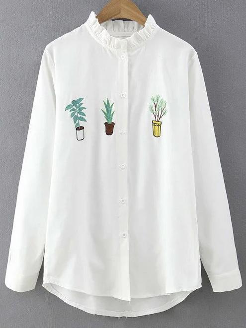 Shein Ruffle Collar Plant Embroidered Blouse