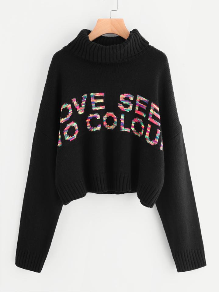 Shein Colorful Letter Pattern Rolled Neck Jumper