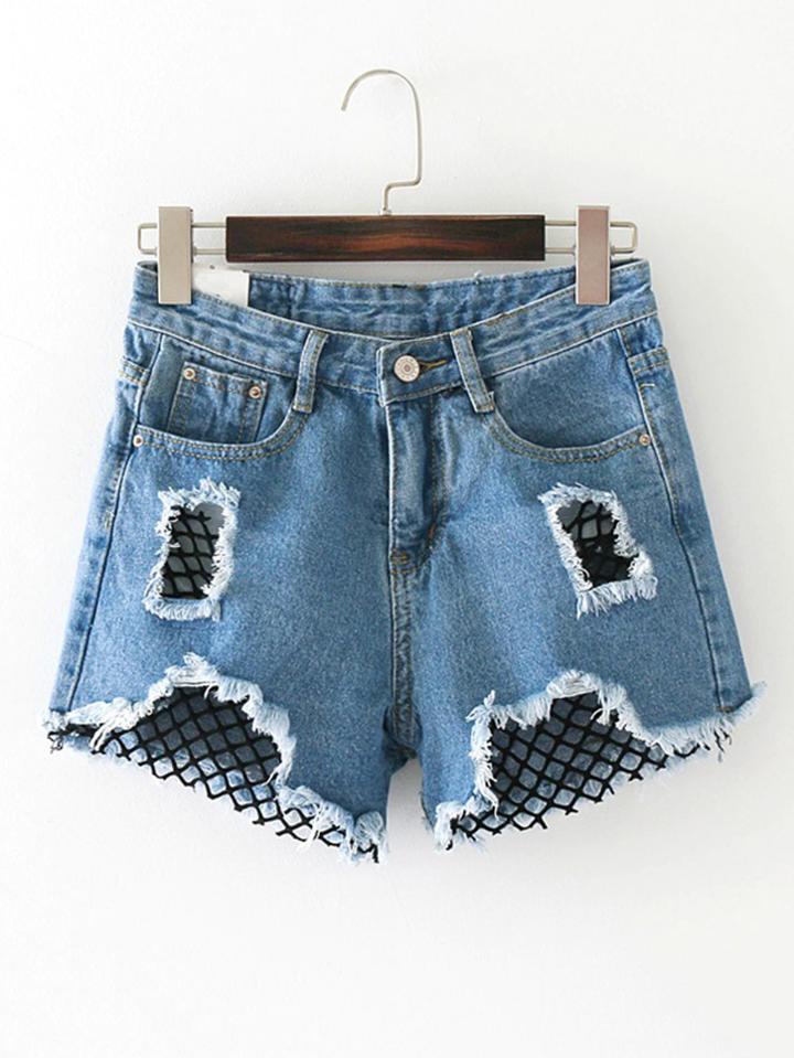 Shein Contrast Fishnet Distressed Denim Shorts