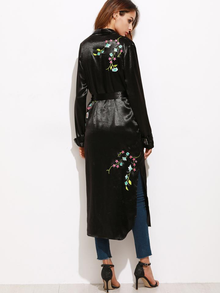 Shein Black Flower Embroidered Belted Satin Duster Coat