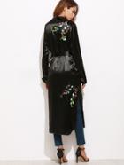 Shein Black Flower Embroidered Belted Satin Duster Coat