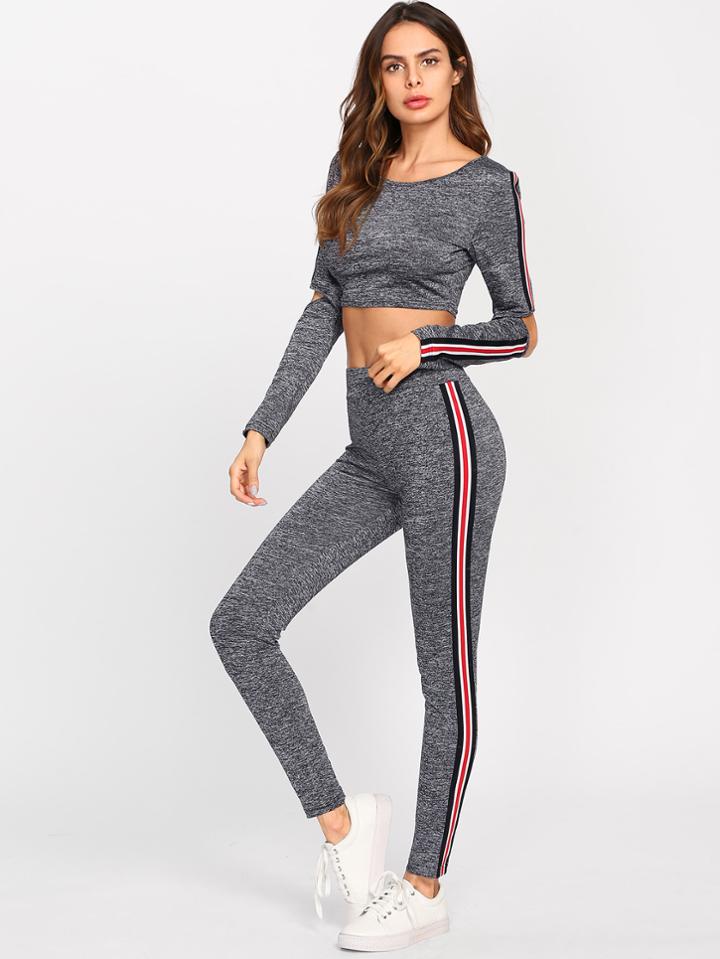 Shein Open Elbow Marled Striped Tee & Leggings Set