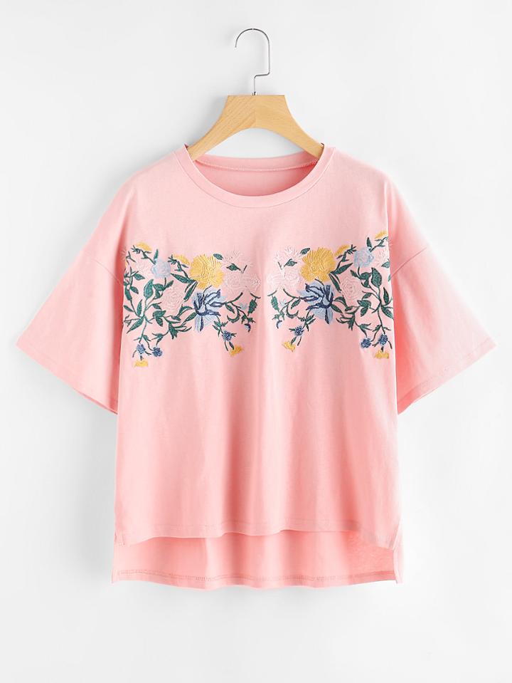 Shein Drop Shoulder Slit Side High Low Embroidered Tee