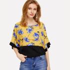 Shein Wide Sleeve Color Block Floral Top