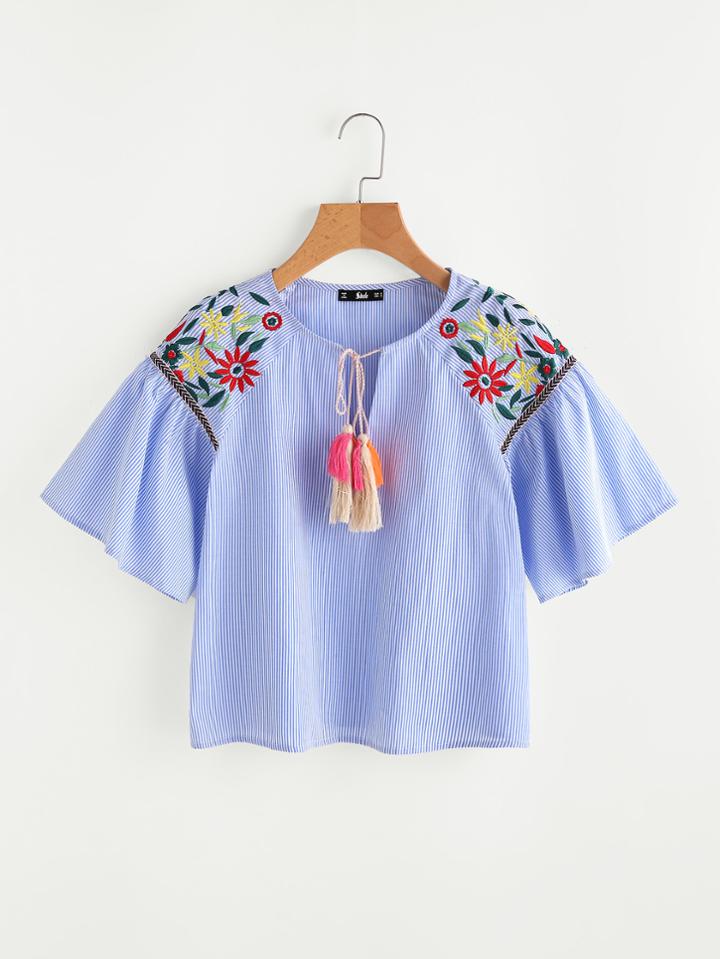 Shein Tasseled Tie Flower Embroidered Raglan Sleeve Top