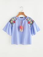 Shein Tasseled Tie Flower Embroidered Raglan Sleeve Top